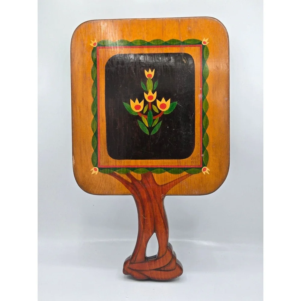 Vintage Hand Mirror Wood Carving‎ Art Nouveau Nymphs Flowers Vanity Decor